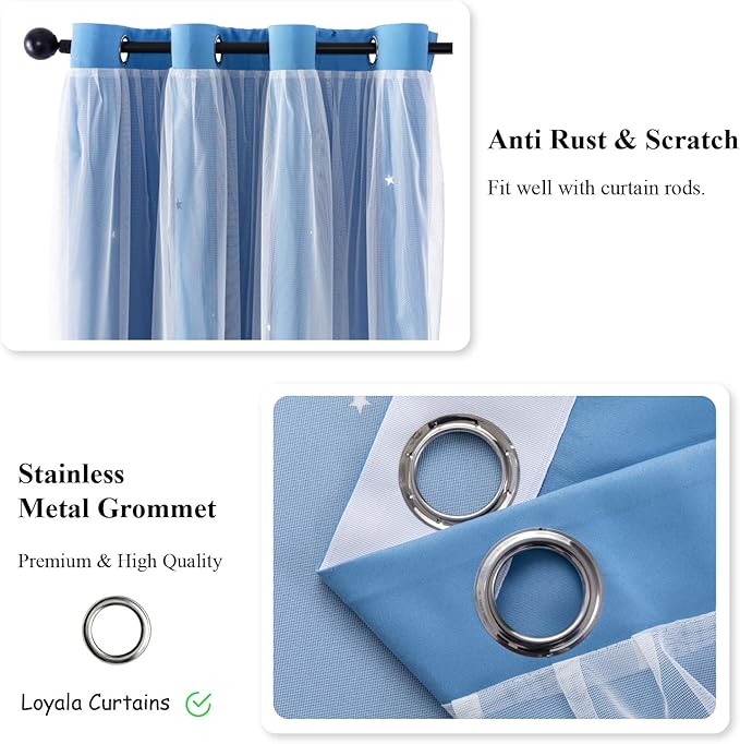 Stars Double Layer Blackout Curtains for Bedroom Kids, 72 Inches Long 2 Panels Set, Blue, 52 X 72 Inches