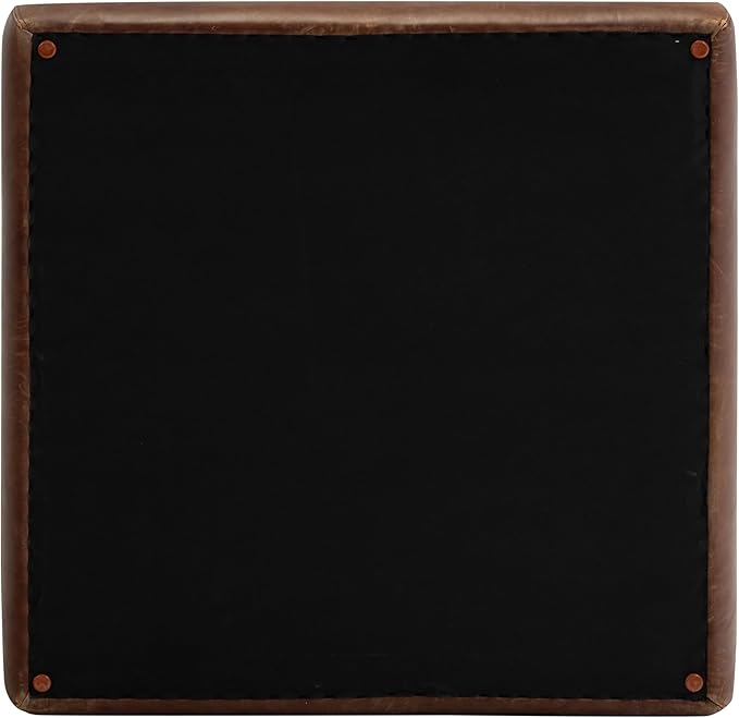 Poly & BARK Sequoia Ottoman – 35” Square Pouf with Feather-Down Topper – Full-Grain Leather Upholstered Pouf Ottoman for Living Room – Vintage Italian Leather in Chocolate Brown