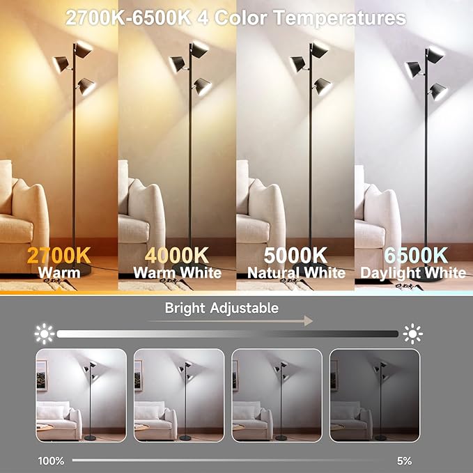 42W LED Tree Floor Lamp, 4500 Lumens Dimmable Standing Lamp with Remote & Touch Control, Modern Super Bright 3 Rotatable LED Light Floor Lamps for Living Room, Bedroom, Office
