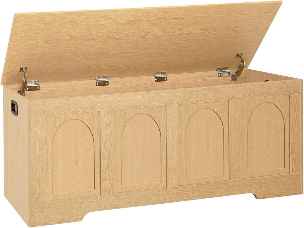 DINZI LVJ Storage Chest, 47.2" Rattan-Like Toy Box with 2 Safety Hinges, Wooden Entryway Storage Bench with Flip-Top, Large Trunk for Living Room, Bedroom, Easy Assembly, Natural
