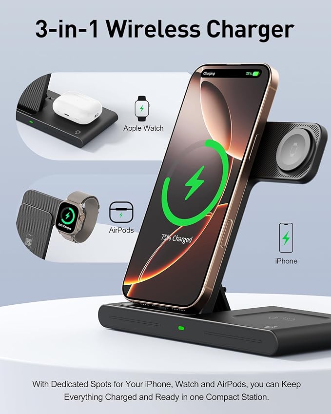2026 Wireless Charger for Apple and Android Charging Station,3 in 1 Fast Max Charging for iPhone 16 15 14 13 12 Pro Max Plus, Apple Watch Series & Air pods 4 3 2 Pro, Android Samsung Galaxy Series