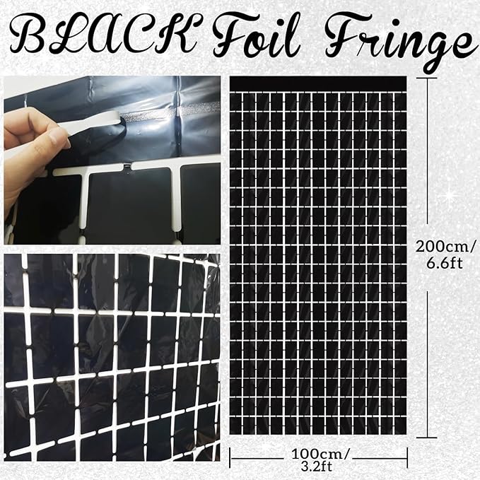 GOER Black Party Backdrop Metallic Tinsel Foil Fringe Curtains Photo Booth Props for New Year's Eve Graduation Halloween Birthday Casino Theme Holiday Celebration Decorations