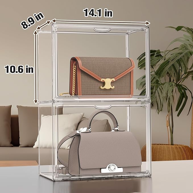 1 Pack Size 14 Acrylic Boot Shoe Box, X-Large Handbag Organizer Clear Storage Bins with Magnetic Lid Acrylic Display Case for Shoes, Book, Cosmetic, Figures, Collectibles, Purse