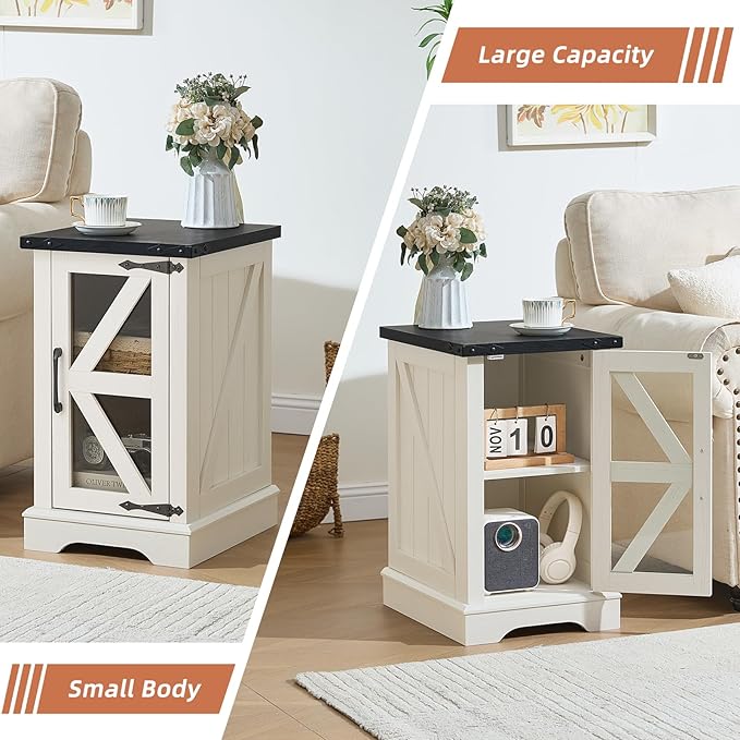Farmhouse End Table Set 2, Narrow 18'' Night Stand with Glass Barn Door, 24" Square Side Table with Charger Station, Living Room Furniture Sets, Wood Nightstand Bedside Tables for Bedroom