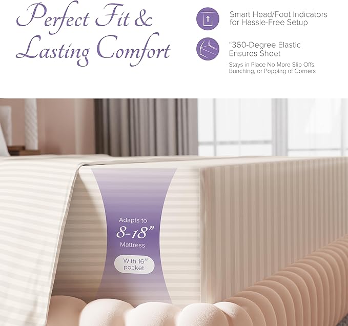 Carressa Linen Luxury Egyptian Cotton Twin Stripe Sheet Set - 600 Thread Count Extra Long Staple 3 PC Set, Twin Damask Sheets, Soft, Cooling Sateen Weave Striped Sheets Upto 18" Deep Pocket - Ivory