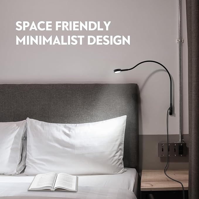 acegoo Minimalist Bedside LED Reading Light, Wall/Wooden Headboard Mounted Flexible Neck Book Light, Rotatable Lamp Head & Convenient Light Head Switch, CRI 90+ 4000K, Powered by USB