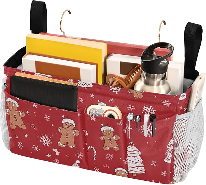 Bedside Caddy Hanging Bunk Bed Caddy Bed Organizer Hanging Pocket with 2 Hooks Bedside Storage Organizer Pocket Bag Holder Gingerbread Christmas Tree01