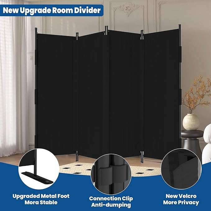 Room Divider, Upgraded Privacy Screen Highly Secretive, 4 Panel Portable Room Separation 88’ W Partition Room Dividers, Freestanding Wall Divider Panel Studio Bedroom Office(Black)