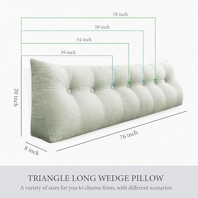 homecozy Wedge Headboard Pillow Dorm Room Reading Pillow Back Support for Sitting Up in Bed Bolster Lumbar Cushion Body Positioning Bedrest Cotton Linen 59in Grey-Beige Queen