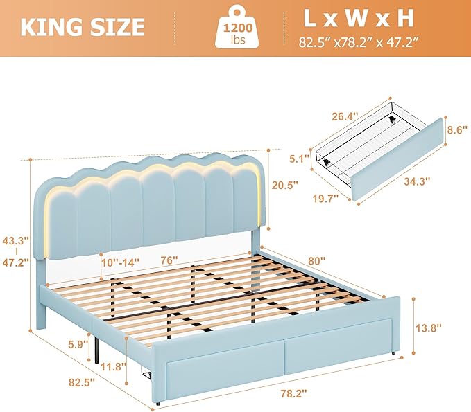 Velvet Upholstered King LED Bed Frame with 2 Storage Drawers and Adjustable Chic Double Wavy Headboard, Princess Platform Bed with Charing Station, Solid Wood Slats Support,No Box Spring Needed,Blue