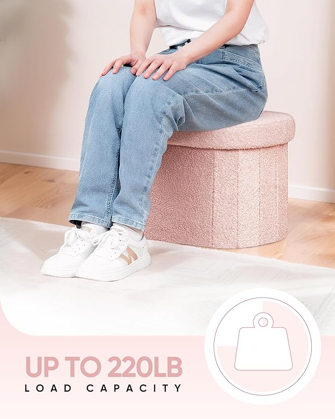 B FSOBEIIALEO Storage Ottoman for Dorm Room, Boucle Folding Storage Ottoman Foot Rest, 16.14 Inches Small Collapsible Ottoman Cube for Living Room Pink