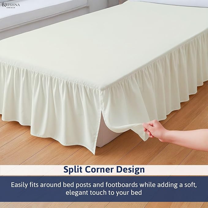KRISHNA Ruffled Bed Skirt with Split Corners Twin, 100% Microfiber Hotel Quality, 14 Inch Drop Dust Ruffle Gathered Bedskirt with Platform, 39" x 75", Ivory
