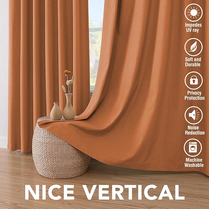 H.VERSAILTEX 100% Blackout Curtains for Bedroom Thermal Insulated Linen Textured Curtains Heat and Full Light Blocking Drapes Living Room Curtains 2 Panel Sets, Orange, 42x84 Inch