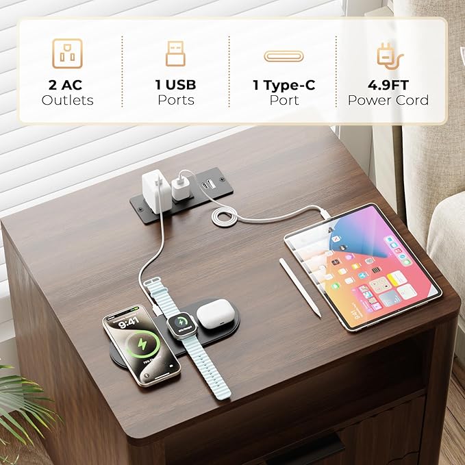 Fluted Nightstand Set of 2, 2 Drawers Storage Bedside Table with Charging Station, Wood Modern Nightstand with Open Shelf, Curved Profile Design, End Table for Indoor Room Bedroom, Walnut