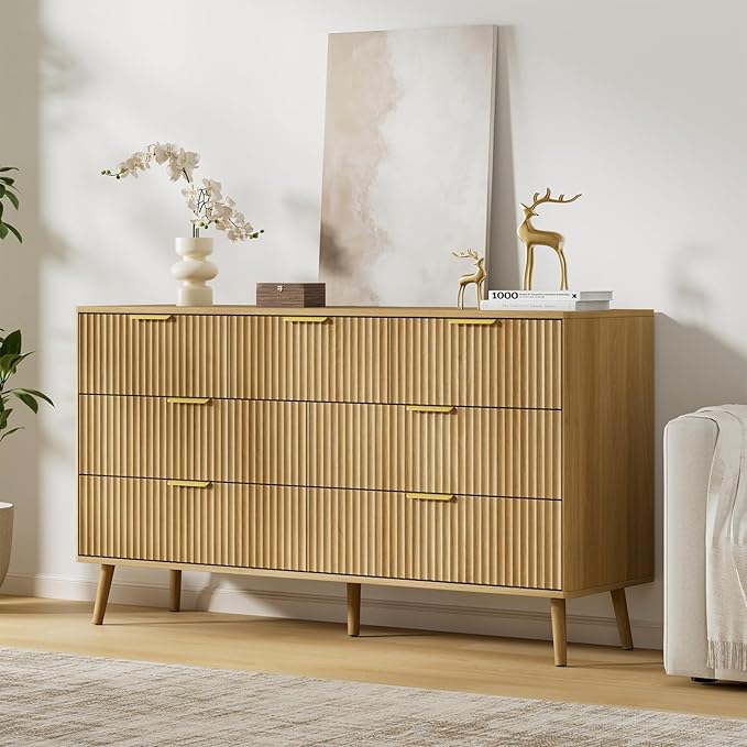 LYNSOM Fluted Dresser and Nightstand Sets 3 Piece, 7-Drawers Dresser and 1-Drawer Nightstands Set of 2, Wood Bedroom Furniture Set for Home, Bedroom, Hallway, Oak