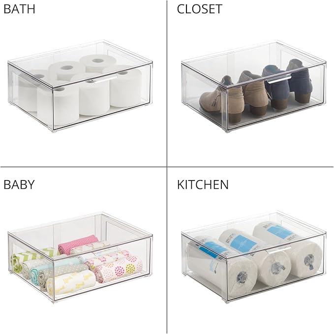 mDesign Plastic Stackable Bathroom Storage Organizer Bin Containers with Front Pull Drawer for Bathroom Countertop, Vanity, Closet Shelves - Holder for Accessories - Lumiere Collection, 2 Pack, Clear