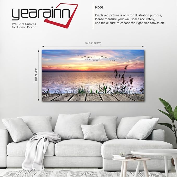 Yearainn Sunset Lake Wall Art - Nature Landscape Canvas Pictures, Wooden Dock Reed Grass Painting Print Flying Birds Artwork for Living Room, Bedroom, Home Office Wall Decoration 29" x 58"