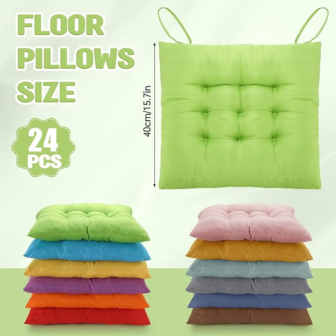 Geetery 24 Pcs Floor Pillows for Classroom Bulk Square Seating Cushions for Floor Chair School Kindergarten Reading Corner, 15.7'' Large Thick Meditation Cushions Yoga Nursery Daycare (Bright Color)