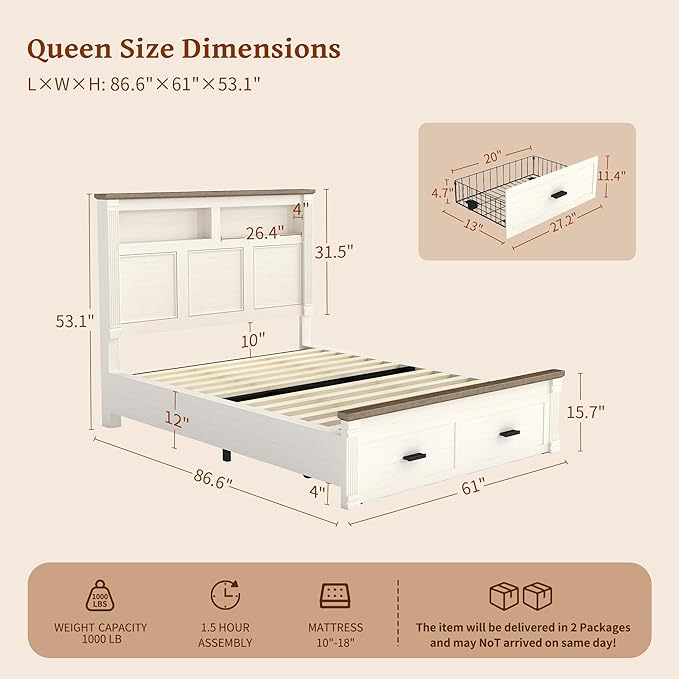 Queen Size Bed Frame with 53" Tall Headboard, Farmhouse Platform Bed Frame with Roman Column Decoration Footboard & 2 Storage Drawers, LED Built in Charging Station, No Box Spring Needed（Rust White)