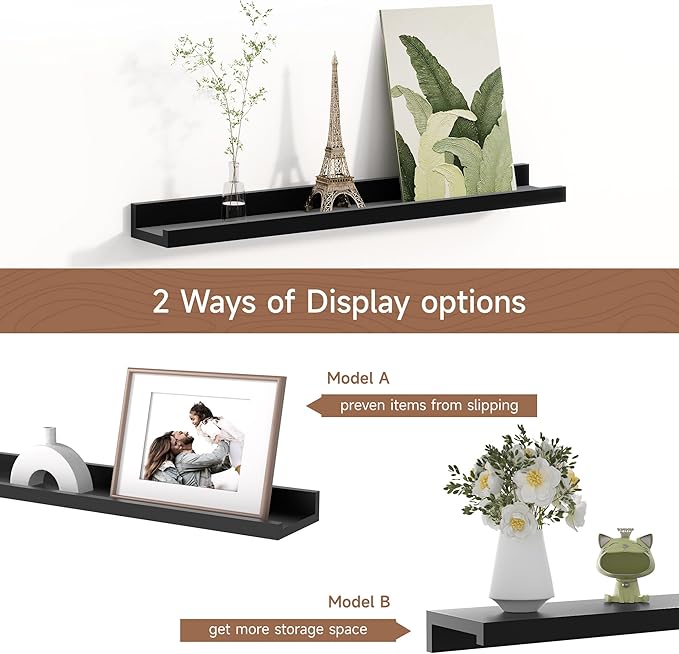 Fun Memories Picture Ledge Shelf for Wall, Floating Shelves Set of 4, 24 Inch Long Nursery Book Shelves for Toys Storage, Kids Bookshelf Wall Mounted for Books Photo Frames, Black