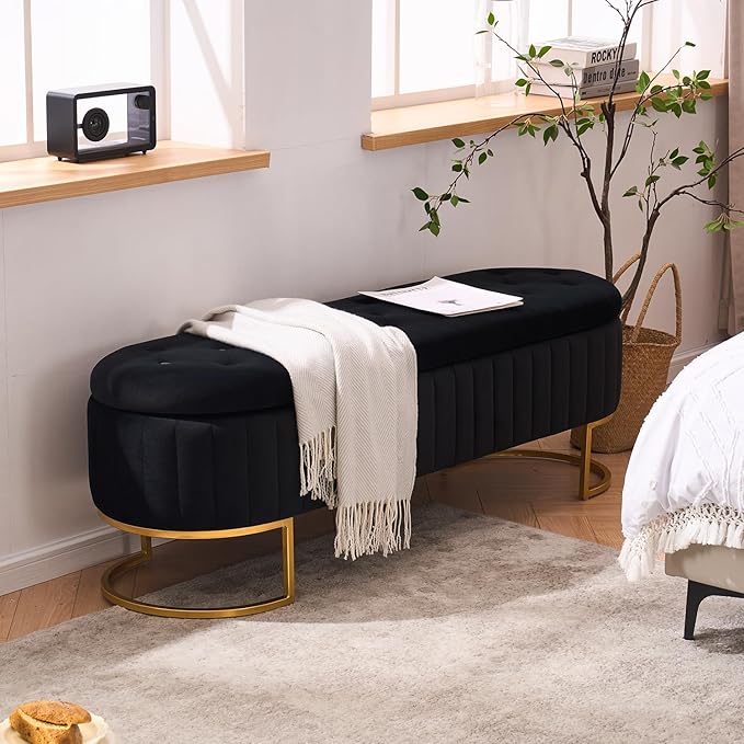 Velvet Storage Bench for Bedroom, Modern Tufted End of Bed Bench for King Size Bed, Upholstered Long Ottoman Bench with Gold Legs for Living Room/Entryway (Black, 55" Wide)
