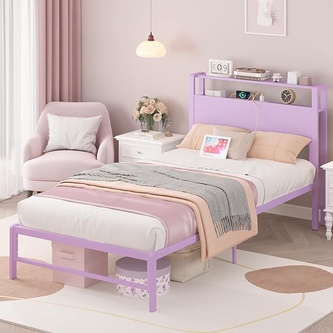 Twin Bed Frames with Charging Station, 2 Tiers Storage Headboard Twin Sized Bed No Box Spring Needed Heavy Duty Metal Platform for Girls, Purple