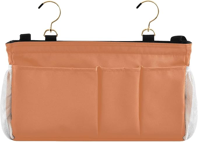 KOPIRIT Orange Bedside Caddy Storage Bag Bedside Organizer for Bed Rails College Dorm Room Hanging Bag Bedside Shelf 6 Pockets with Hooks for Glasses Book Tablet Holder