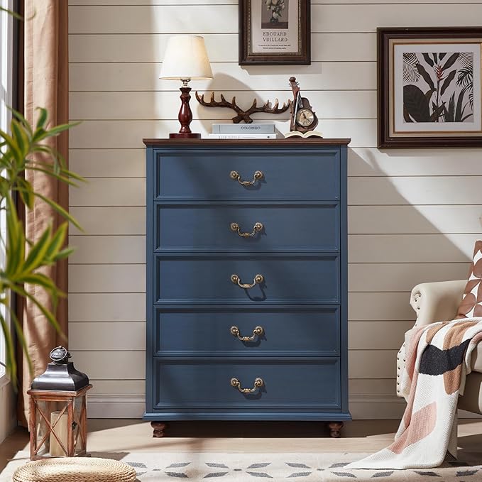 24" Wide Farmhouse Nightstand Set of 2, 45" Tall Rustic Chests of 5 Drawers w/ 4 Solid Wood Feet, Farmhouse Furniture Series for Living Room,Bedroom,DarkBlue