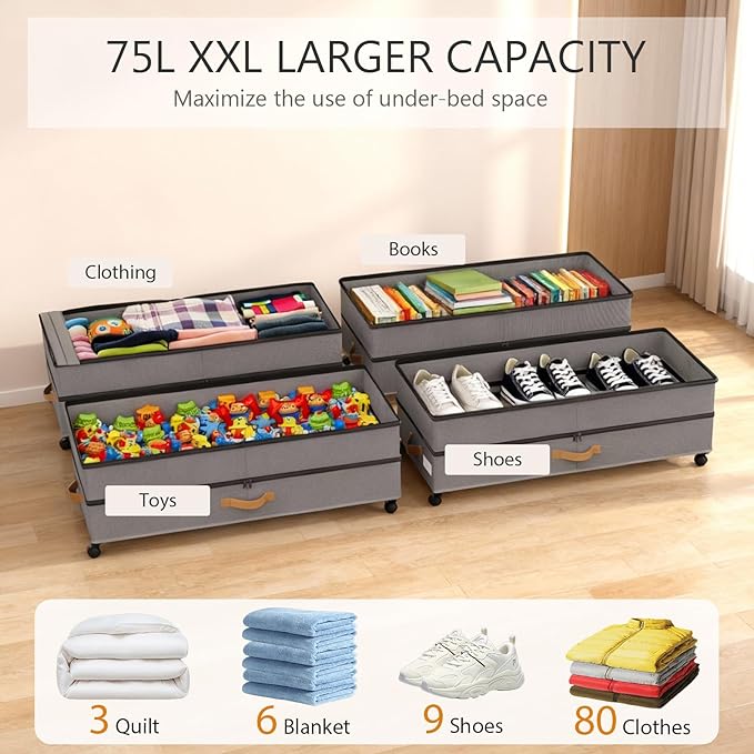 Under Bed Storage with Wheels 2-Pack, 75L XXL Under the Bed Storage Containers Large, 12" Tall Adjustable Storage for Underbed with Lids, Rolling for Clothes, Shoes, Blankets (Grey)