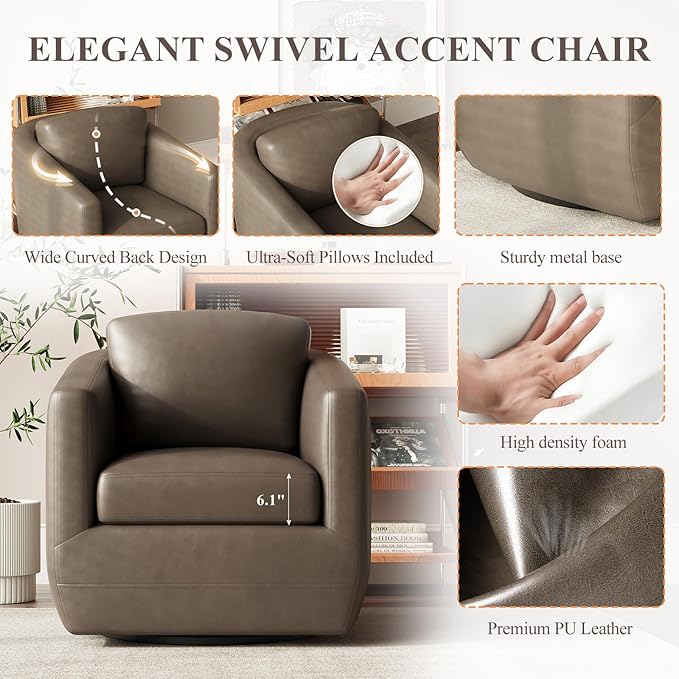 360° Swivel Accent Chair Set of 2 with Pillow - Comfy Living Room Armchair No-Sag Foam & Sturdy Metal Base, Fully Assembled Swivel Accent Single Sofa for Bedroom Living Room, Office, Wolf Grey