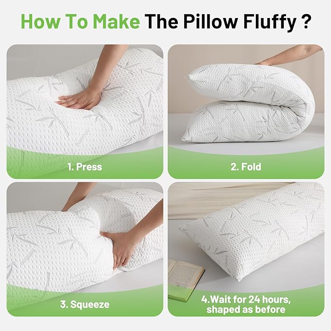 Full Body Pillow with Removable Pillowcase for Adults,（Memory Foam Filling）（Long Pillow for Side Sleepers） （Fluffy and Firm）（Adjustable Filling）（20×54 Inch，White）