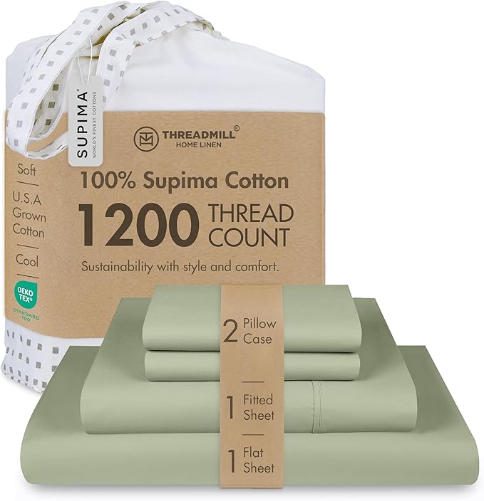 Threadmill Supima Cotton Sheets, 1200 Thread Count Soft 100% Cotton Sheets for Cal King Size Bed, 4 Pc Sage Green Cal King Bed Sheets Set, 5-Star Hotel Quality with Elasticized Deep Pocket King Sheet