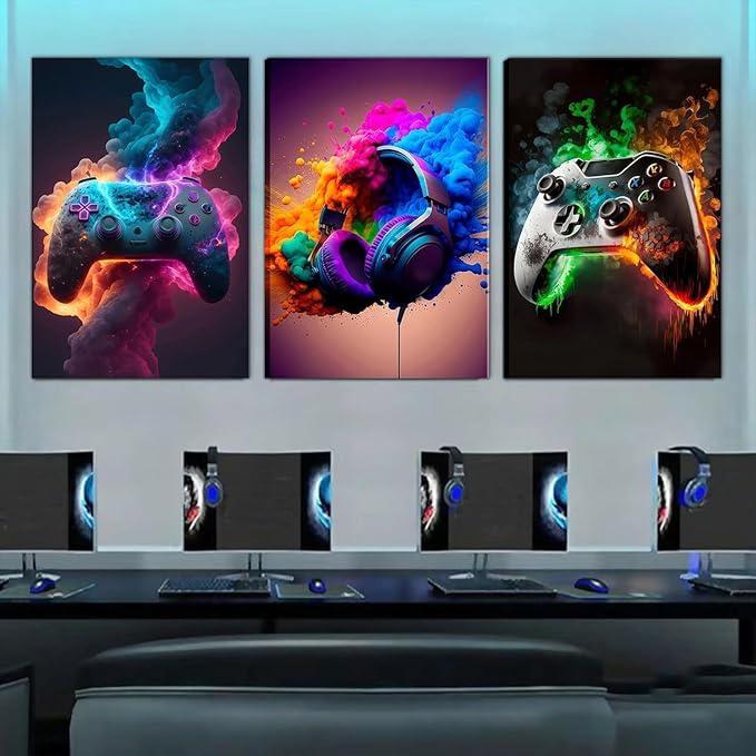 Gaming Room Decor Canvas Wall Art Set of 3 - Cool Video Gaming Theme Wall Decor, Gamer Paintings Picture Print for Teen Boys Room 12x16 inch Framed