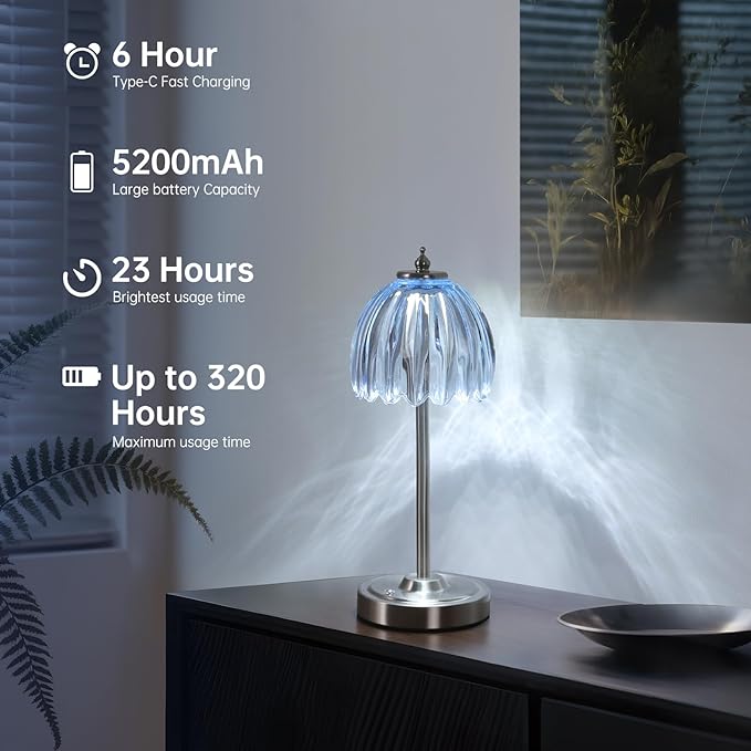 Tulip Table Lamp with 5200mAh Battery & Touch Control, Cordless Small Table Lamp with 3 Colors, Dimmable Rechargeable Table Lamps for Living Room, Bedroom, Bedside (Clear Light Blue Tulip)
