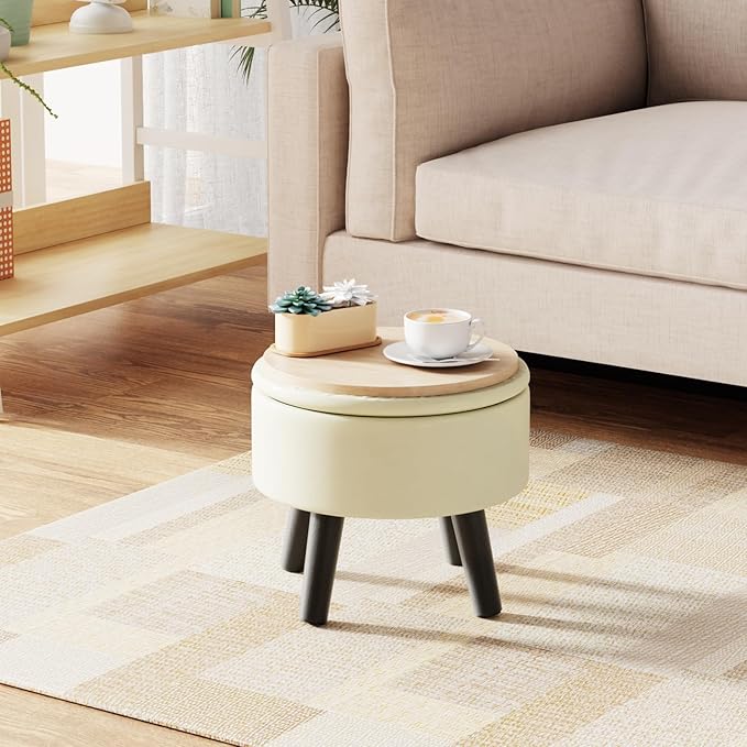 FIMIVIBI Small Foot Stool Ottoman with Storage, Faux Leather Ottoman Foot Rest for Couch, Round Footstool Ottomans for Living Room (White)
