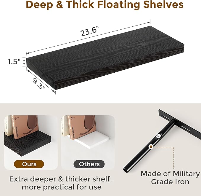Fun Memories Floating Shelves for Wall, 24 x 9.3 Floating Shelf Wall-Mounted, Rustic Wood Bathroom Shelf Set of 2, Deep Bookshelf Storge Shelves for Living Room, Bedroom, Farmhouse, Black Color