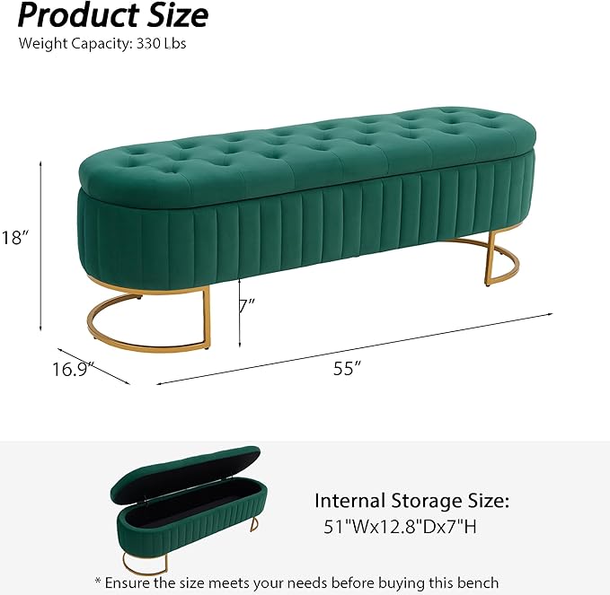 Velvet Storage Bench for Bedroom, Modern Tufted End of Bed Bench for King Size Bed, Upholstered Long Ottoman Bench with Gold Legs for Living Room/Entryway (Green, 55" W)