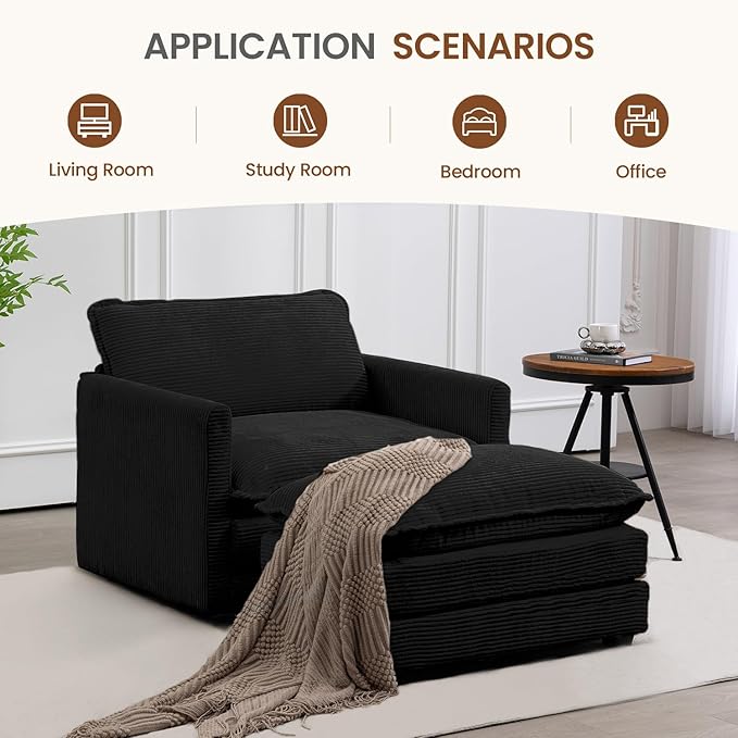 ROWHY Single Armchair with Ottoman, Modern Corduroy Cloud Couch with Convertible Chaise, Upholstered Sofa Set for Living Room, Black