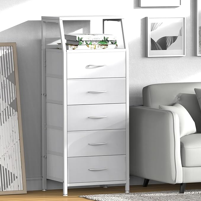 Ollieroo White Dresser for Bedroom, Storage Organizer with 5 Drawers, Vertical Fabric Storage Tower, Nightstand Bedside Table, Sturdy Steel Frame & Wooden Top