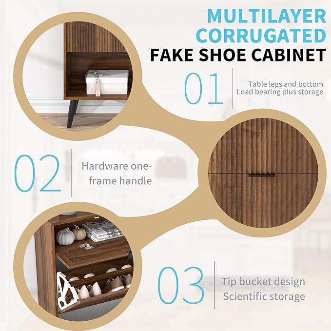 Shoe Storage Cabinet with 2 Flip Drawers, Narrow Shoe Cabinet for Entryway, Freestanding Slim Hidden Shoe Organizer Cabinet with Doors, Adjustable Shelf, Open Storage Space (Walnut)