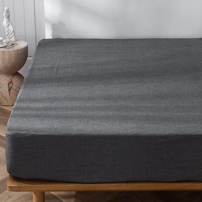 MooMee Fitted Bottom Sheet Only 100% Washed Cotton Linen Like Textured Breathable Durable Soft Comfy Deep Pocket Fits Mattress up to 17" (Dark Grey, King)
