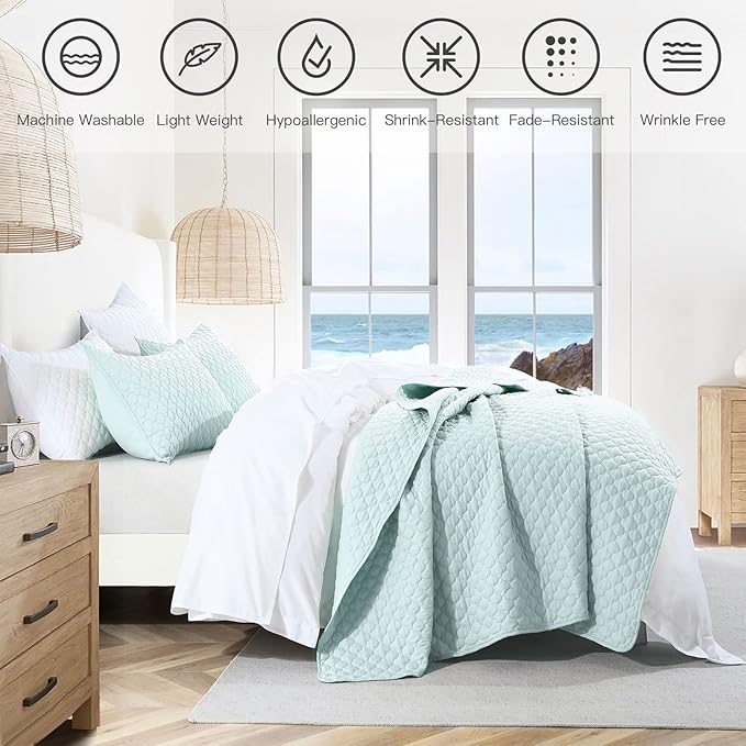 HORIMOTE HOME Quilt King Size Aqua Blue, Lightweight Quilt for Summer, Ultra-Soft Microfiber Modern Style Quilted Clouds Pattern Bedspread Quit Set 3 Pieces(1 Quilt and 2 Pillow Shams)