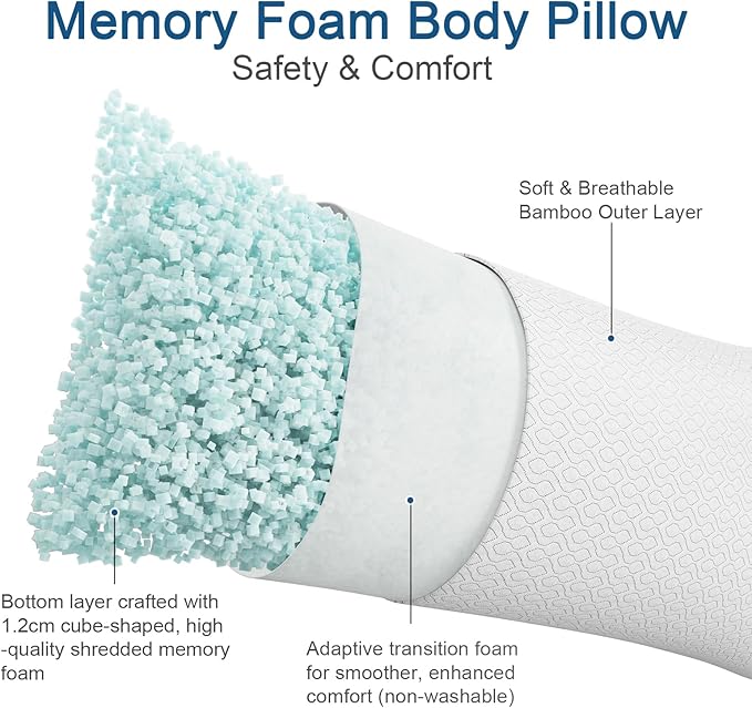 Extra Long Body Pillow Memory Foam 180x50cm – Firm King Size Body Pillows for Adults – with Cooling Cover 20 x 70 inches