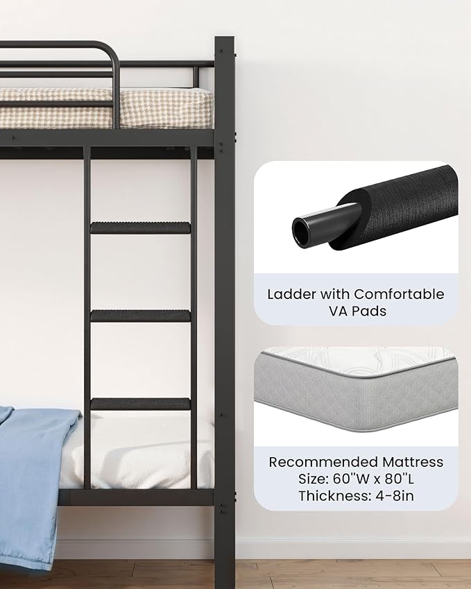Queen Over Queen Bunk Bed for Adults & Teens, Heavy Duty Metal Bunk Bed with EVA Anti-Slip Ladder & Full-Length Guardrails, Noise-Free Queen Bunk Bed Frame with Under-Bed Storage, Black