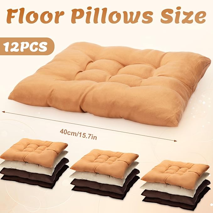 Geetery 12 Pcs Floor Pillows for Classroom Bulk Square Seating Cushions for Floor Chair School Kindergarten Reading Corner, 15.7'' Large Thick Meditation Cushions Yoga Nursery Daycare (Coffee Color)