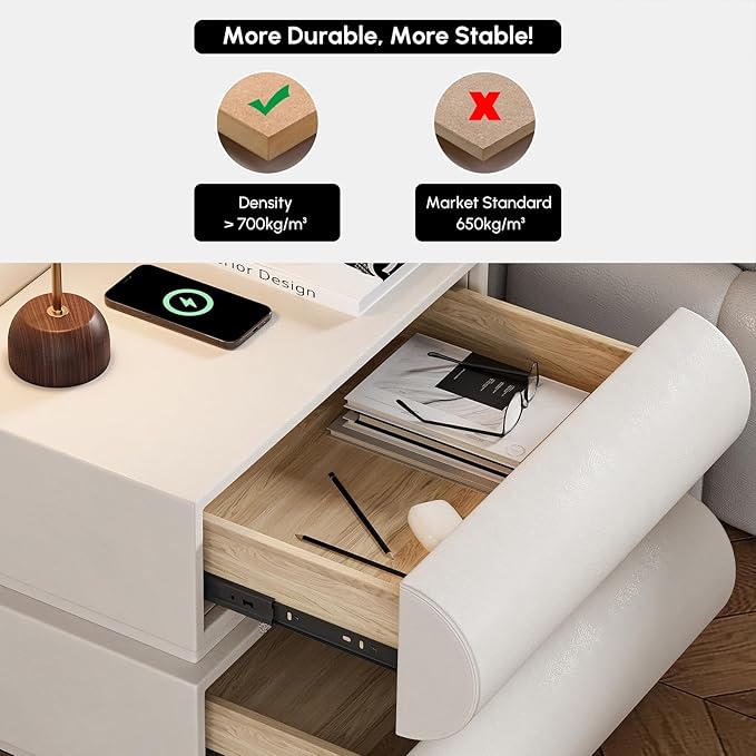 homary Smart Nightstand with Wireless Charging, USB & Type-C Ports – Modern Off White Faux Leather Nightstand with 2 Drawers, Bedside Table with Charging Station for Bedroom