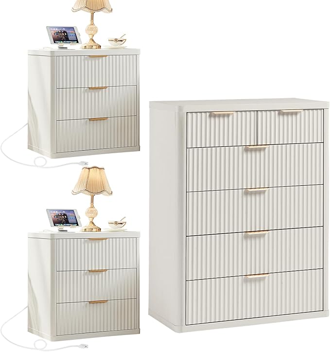 LEYAOYAO 42" Tall Fluted Dresser and 3 Drawers 23" Nightstand Set of 2,Wooden Dresser & Night Stand with Charging Station,3 Piece Bedroom Furniture Set,Chest of Drawer for Living Room,Antique White
