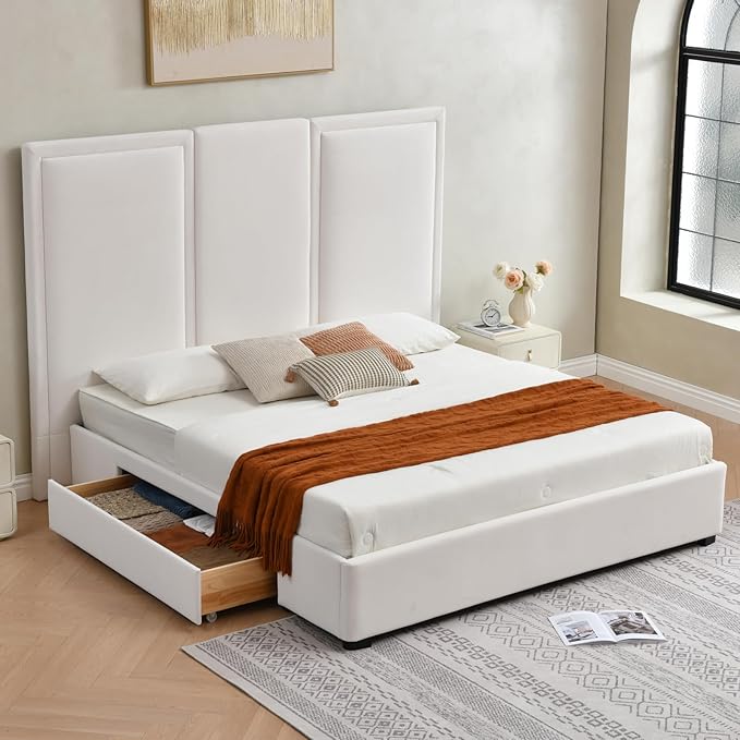 YUHUASHI King Size Bed Frame with 64-inch High Headboard, Simple and Airy Linen Upholstered Platform Bed with Storage Drawers, Wood Slat, No Noise (White, King (U.S. Standard))