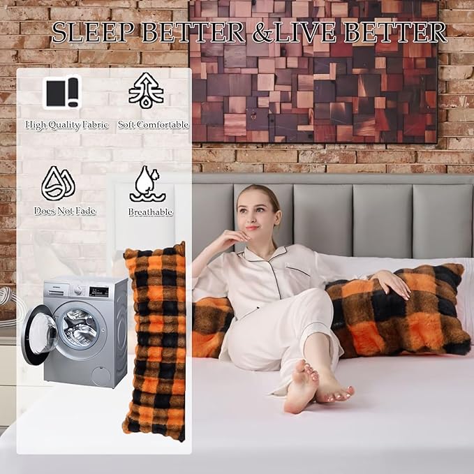 Full Body Pillow 20x54 Inch,Memory Foam Pregnancy Pillow for Side Sleepers,Orthopedic Back Support Maternity Pillow for Women (with Removable Cover)-Orange Black Grid Print
