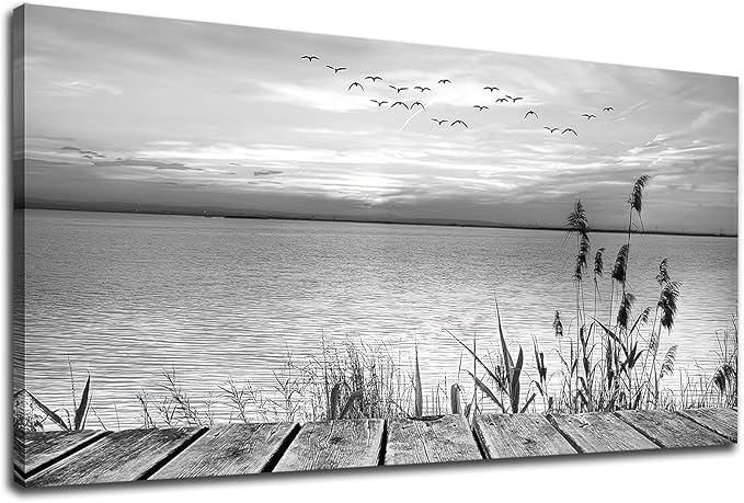 yearainn Black and White Canvas Wall Art Sunset Lake with Flying Birds Pictures for Wall Decor Nature Landscape Canvas Painting Artwork for Living Room Bedroom Home Office Wall Decoration 20" x 40"